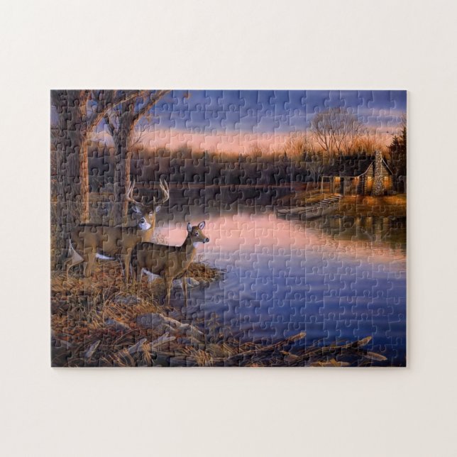 Quebra-cabeça Cervo Macho e Fêmea no Chalé no Lago Puzzle (Horizontal)