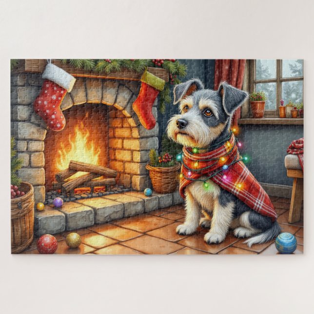 Quebra-cabeça Cesky Terrier Fireplace with Christmas Lights (Horizontal)