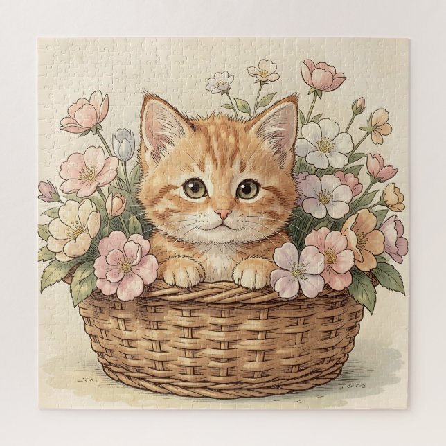 Quebra-cabeça Cesto de Flores com Doce Gatinho Ruivo (Vertical)