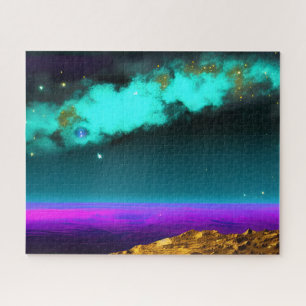 Quebra-cabeça Céu Roxo Cósmico Neon Sobre o Planeta Majestoso