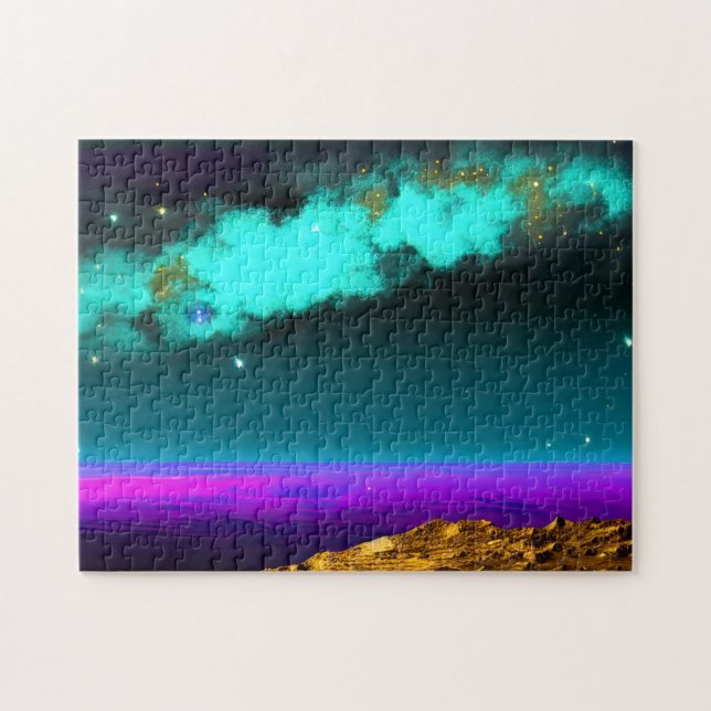 Quebra-cabeça Céu Roxo Cósmico Sobre Planeta Fantasia (Horizontal)