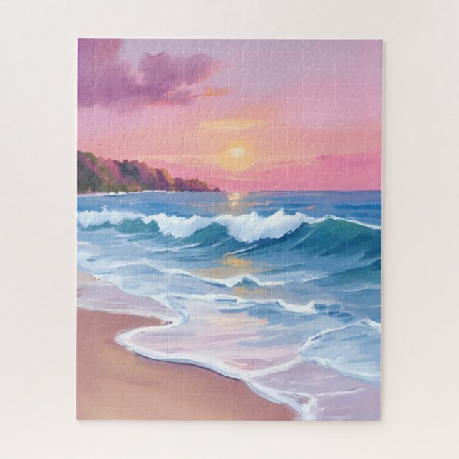 Quebra-cabeça Céus Pastel Rosa | Ondas da Praia em Aquarela Oceâ (Vertical)