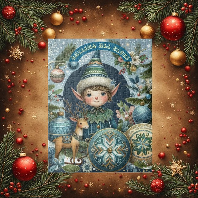 Quebra-cabeça Chamando Todos os Elfos Flocos de Neve Haja Festa  (Calling All Elves Snowflakes Hail Christmas Party Jigsaw Puzzle)