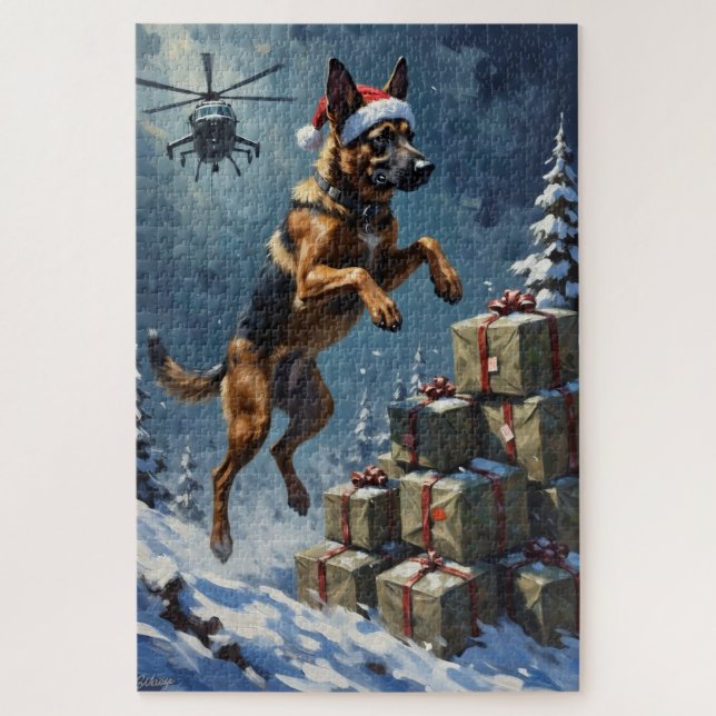 Quebra-cabeça Chapéu de Entrega de Natal Tático do Malinois Belg (Vertical)
