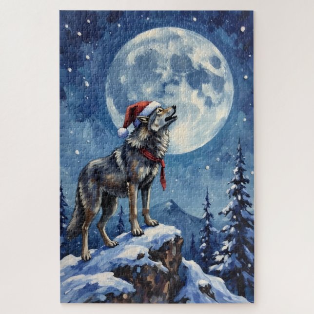 Quebra-cabeça Chapéu de Lobo Uivando Sob a Lua de Natal (Vertical)