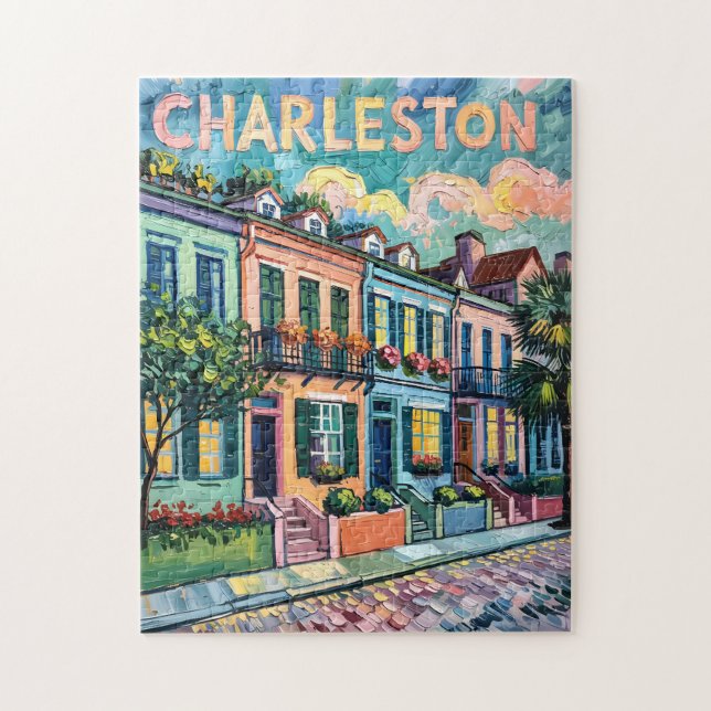 Quebra-cabeça Charleston Rainbow Row Colorful Van Gogh Travel (Vertical)
