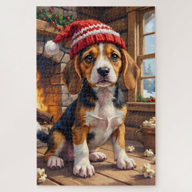 Quebra-cabeça Cheerful Beagle Puppy in Stocking Cap Cozy (Vertical)