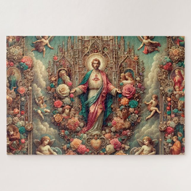 Quebra-cabeça Cherub Angels Jesus Floral Collage (Horizontal)
