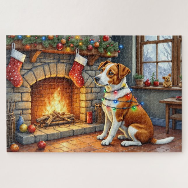 Quebra-cabeça Chesapeake Bay Terrier Fireplace Christmas Lights (Horizontal)