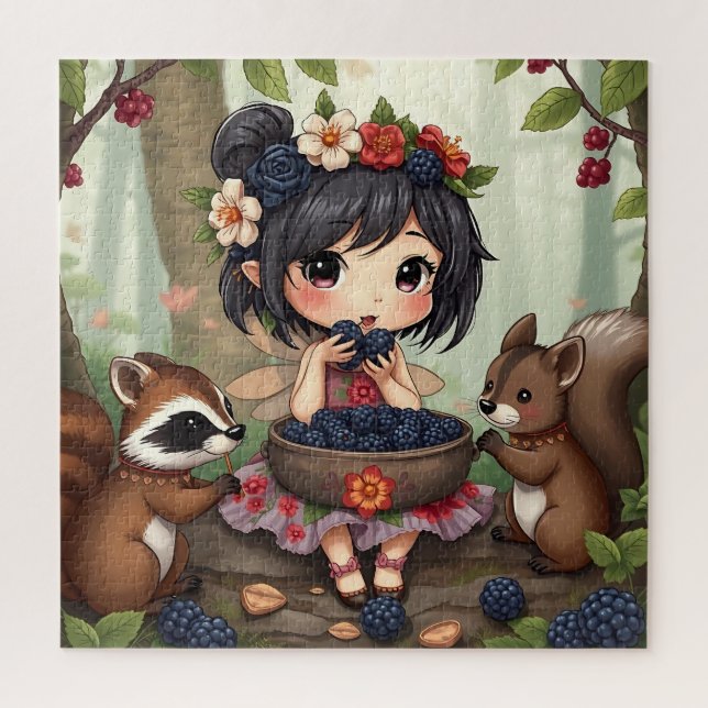 Quebra-cabeça Chibi Fairy Eating Blackberries with Forest Friend (Vertical)
