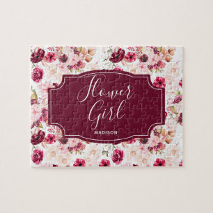 Quebra-cabeça Chic Burgundy & Pink Watercolor Floral Flower Girl