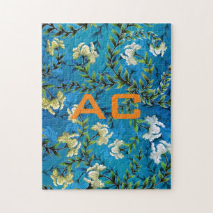 Quebra-cabeça Chic Floral Azul do Monograma Moderno