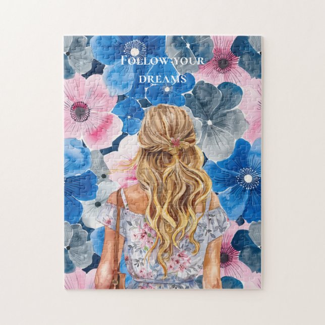 Quebra-cabeça Chic Pink Blue Summer Floral Blond Girl (Vertical)