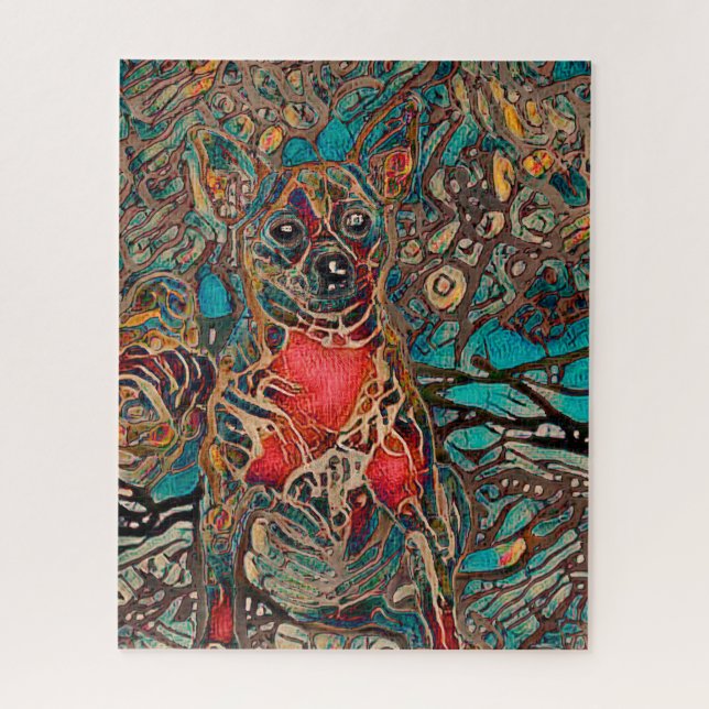 Quebra-cabeça Chihuahua Art Teal Brown Dog Retrato (Vertical)