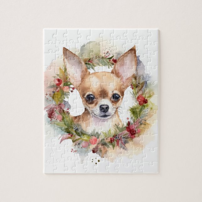 Quebra-cabeça Chihuahua Christmas Wreath Festivo Pup (Vertical)