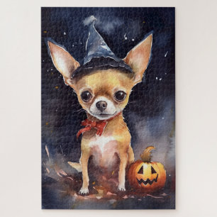 Quebra-cabeça chihuahua de Halloween com abóboras assustadoras