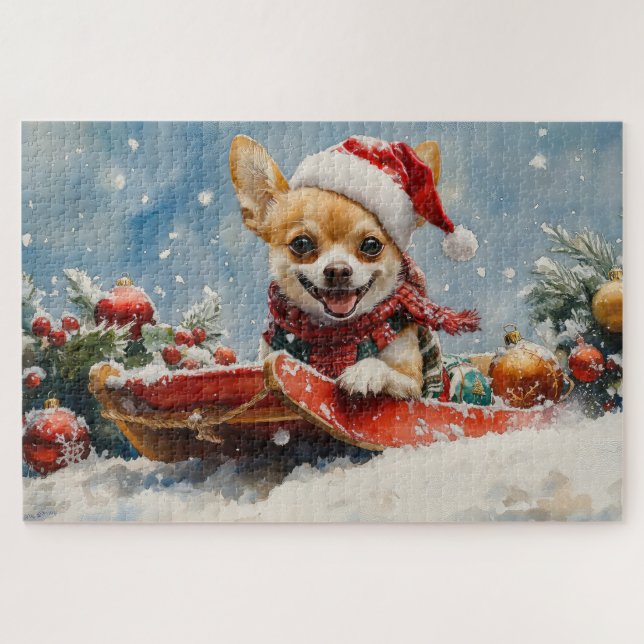 Quebra-cabeça Chihuahua Dog Sledge Deixe-o nevar no Natal (Horizontal)