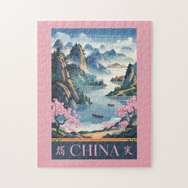 Quebra-cabeça China Illustration Pink Travel Art Vintage (Vertical)