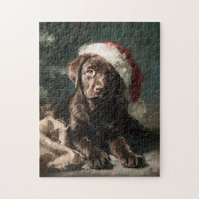 Quebra-cabeça Chocolate Labrador Puppy Christmas Painting (Vertical)