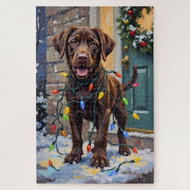 Quebra-cabeça Chocolate Labrador Tangled in Christmas Lights (Vertical)
