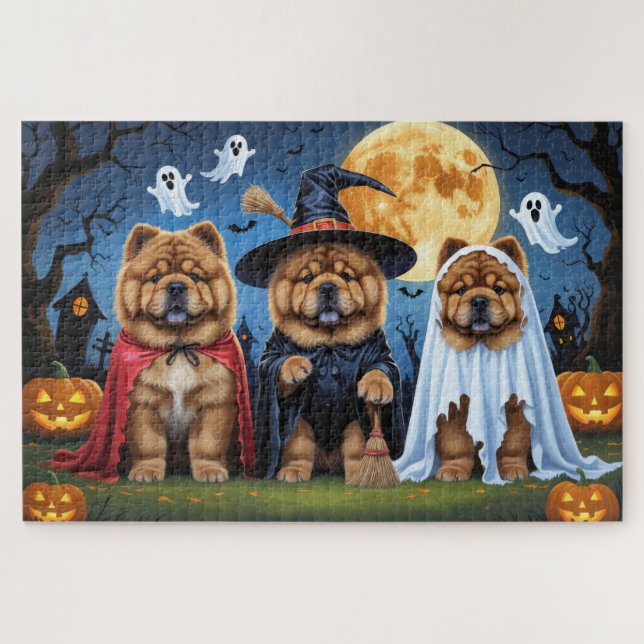Quebra-cabeça Chow Chow Dog Pumpkin Halloween Engraçado (Horizontal)