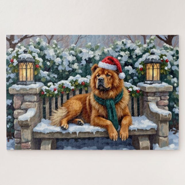 Quebra-cabeça Chow Chow Dog Serene Winter Garden Christmas Art (Horizontal)