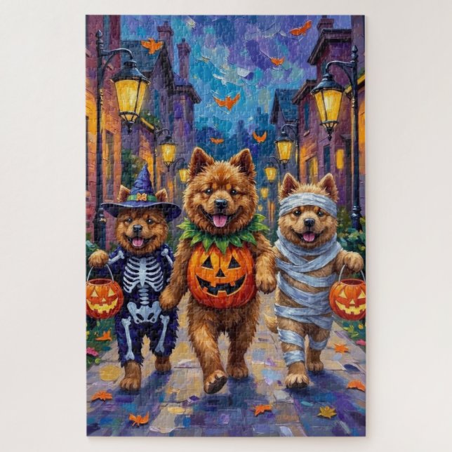 Quebra-cabeça Chow Chow Dogs Trick-or-Tratating Halloween (Vertical)
