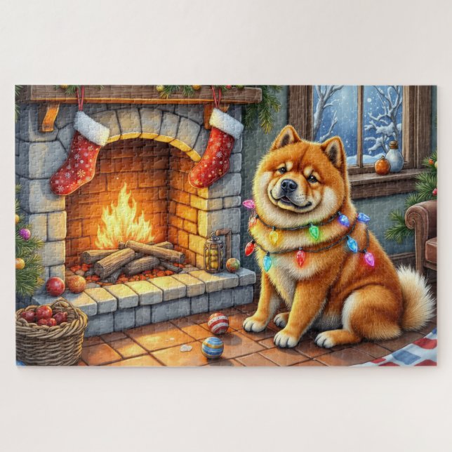 Quebra-cabeça Chow Chow Sitting Fireplace with Christmas Lights (Horizontal)