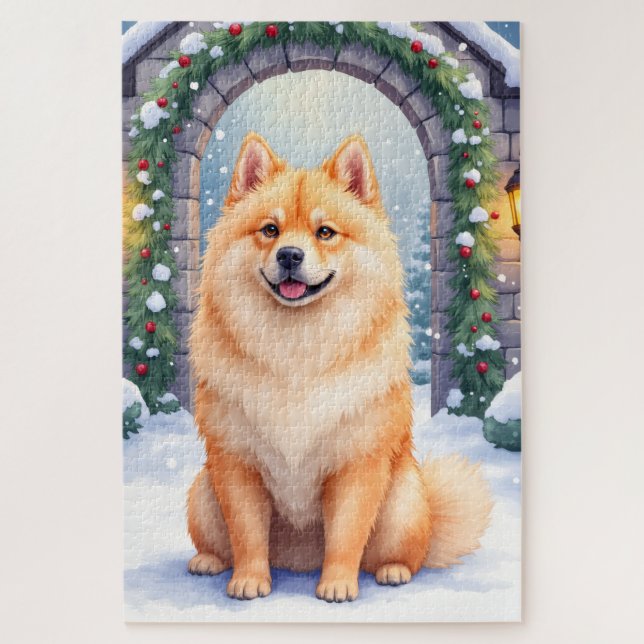 Quebra-cabeça Chow Chow Snowy Stone Courtyard Christmas Art (Vertical)