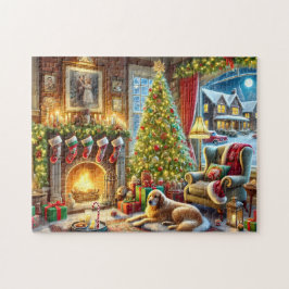 Quebra-cabeça Christmas Eve Golden Retriever Cozy Fireplace