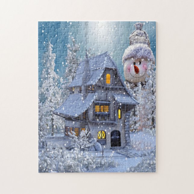 Quebra-cabeça Christmas Gift Winter White Snowman Blue Rustic (Vertical)