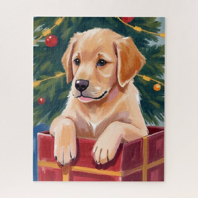 Quebra-cabeça Christmas Golden Retriever Puppy Present (Vertical)