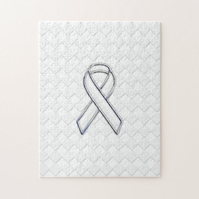 Quebra-cabeça Chrome White Ribbon Awareness on Checkers Print (Vertical)