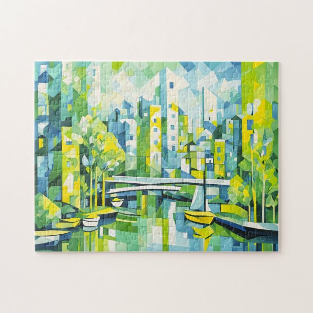 Quebra-cabeça Cidade Cubista Verde com Ponte (Horizontal)