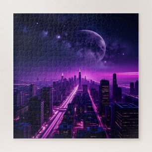 Quebra-cabeça Cidade futurística de Cyberpunk à noite - Roxo Neo