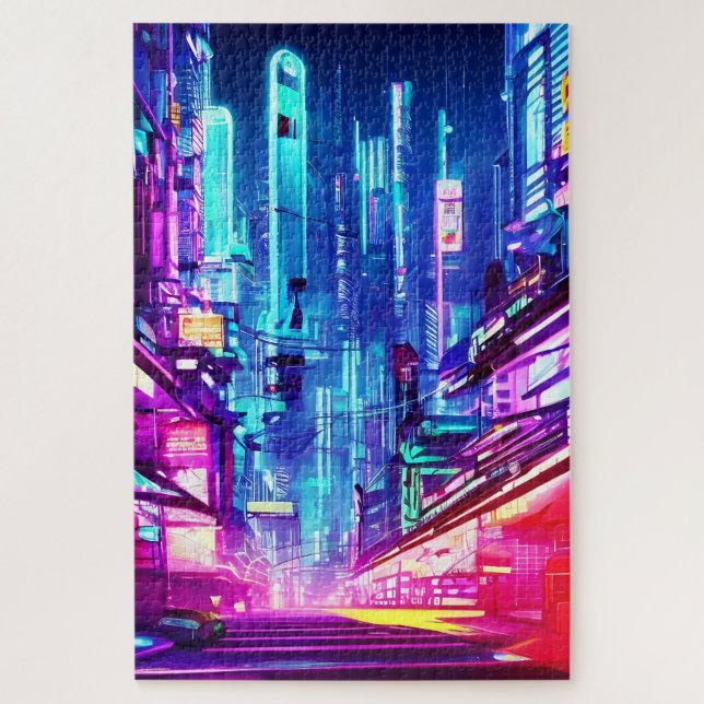 Quebra-cabeça Cidade Neon Futurística Cyberpunk (Vertical)