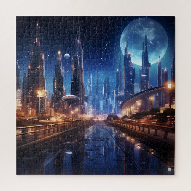 Quebra-cabeça Cidade Noturna Sci-Fi (Vertical)