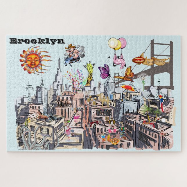 Quebra-cabeça Cidade Ocupada da Arte Pop Surreal do Brooklyn (Horizontal)
