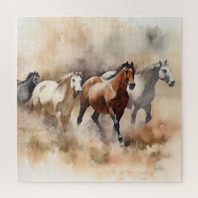 Quebra-cabeça “Cinco Mustangs Galopando” Oeste empoeirado Aquare (Vertical)