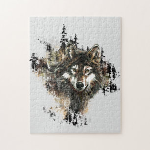 Quebra-cabeça Cinza de Watercolor Mountain Wolf Head Animal