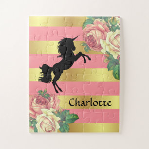 Quebra-cabeça Cinza Rosa e Dourado Unicórnio Floral com Nome