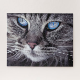 Quebra-cabeça Cinza Surreal Gato Azul Olhos Azuis Duro Divertido