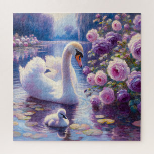 Quebra-cabeça Cisne branco e Cygnet com Rosas roxos