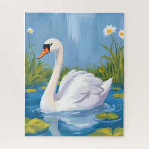 Quebra-cabeça Cisne Branco Pintura de Ave em Aquarela no Lago