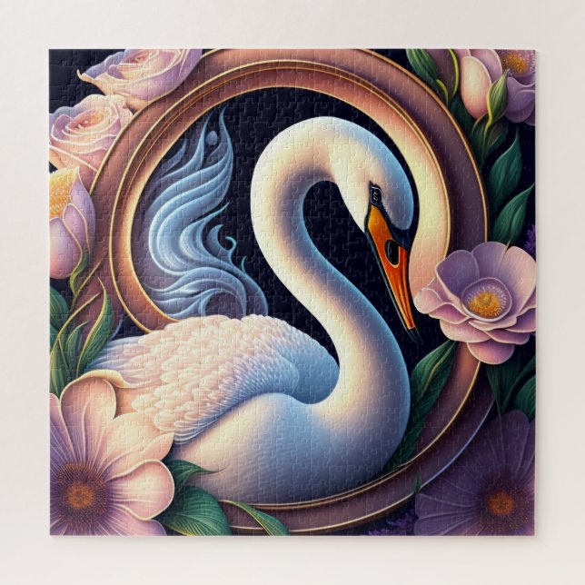 Quebra-cabeça Cisne de Aquarela Elegante na Flor Oriental (Vertical)