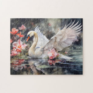 Quebra-cabeça Cisne em lago de lótus com cores suaves