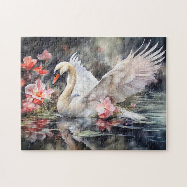 Quebra-cabeça Cisne em lago de lótus com cores suaves (Horizontal)