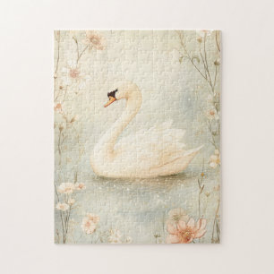 Quebra-cabeça Cisne Whimsical com Ilustração de Flores