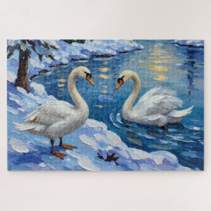 Quebra-cabeça Cisnes Antigos num Lago de Inverno Pintura de Nata