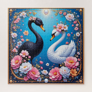 Quebra-cabeça Cisnes de Casamento Enquadrados com Ouro e Flores